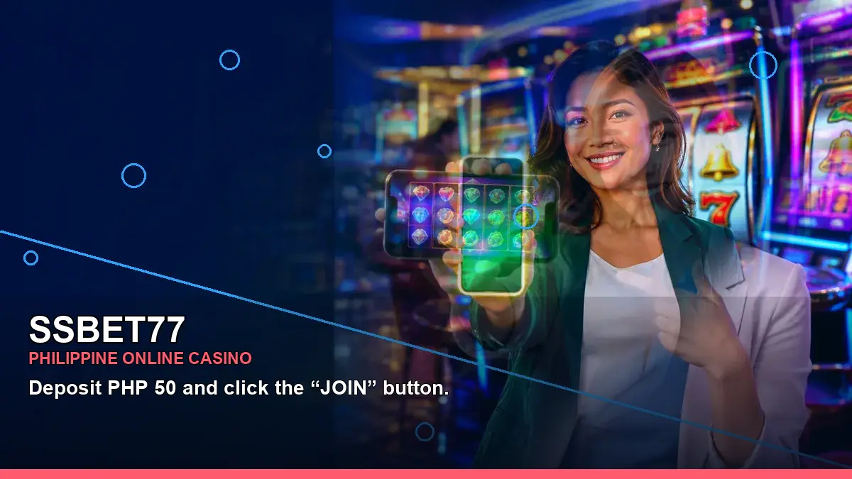 SSBET77 Philippines casino guide with right-framed mobile casino app and an adult Filipina casino host